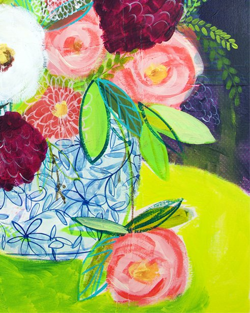 This is a mixed media painting of a colorful still life of a flower arrangement.