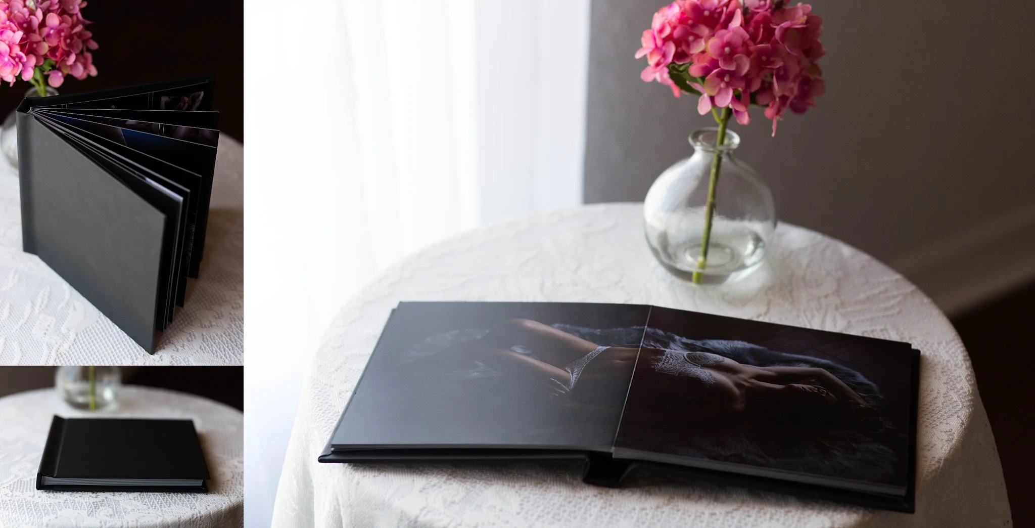 Flush Mount HIGH quality Album in 8X8 OR 10X10 sizes with black leather cover.