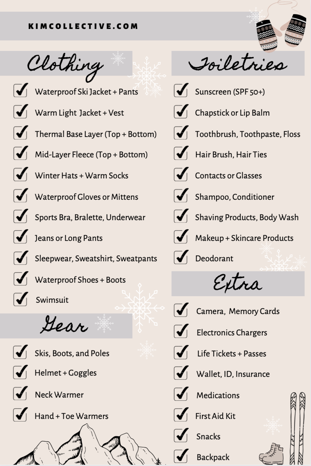 what to pack for a weekend ski trip checklist must haves kim collective