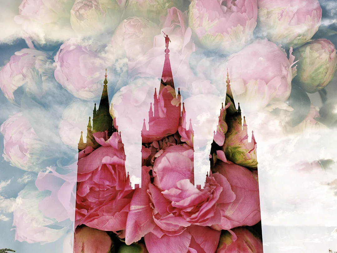 Salt Lake LDS Temple + Dark Pink Peonies 1