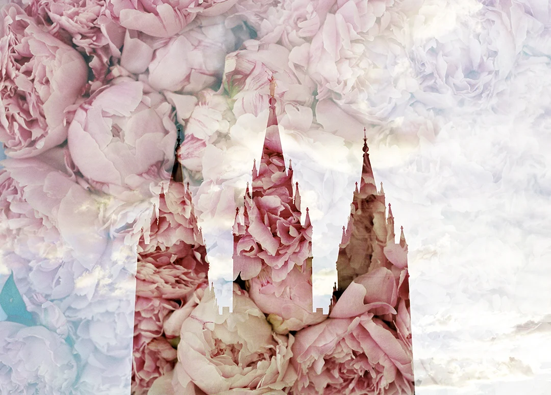 Salt Lake LDS Temple + Dark Pink Peonies 4