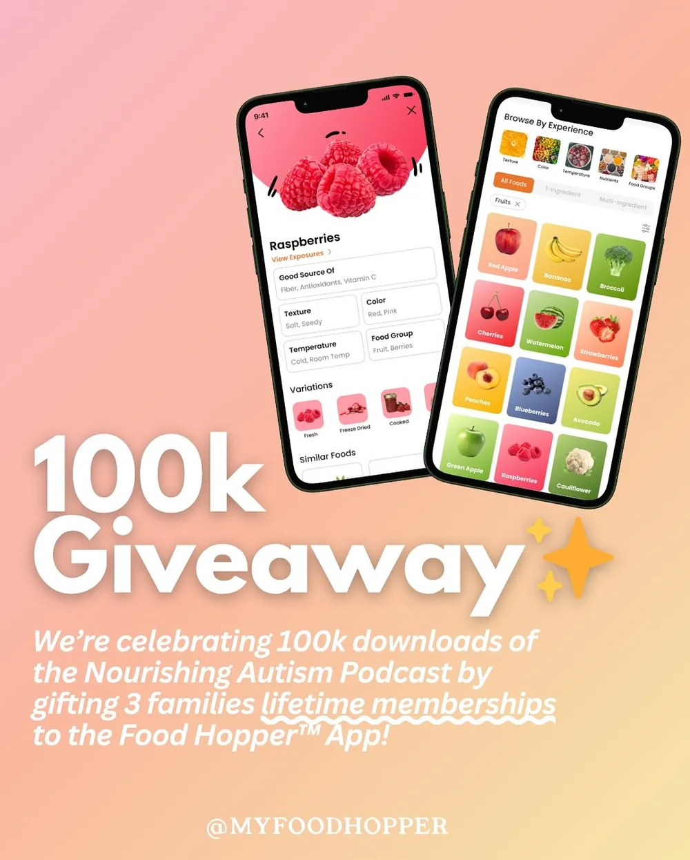 ✨GIVEAWAY✨

To celebrate 100k downloads of the @nourishingautismpodcast , I&rsquo;m giving away lifetime access to my new app, @myfoodhopper !!

Food Hopper is the first &amp; only app to map your child&rsquo;s path to new foods. Discover which foods