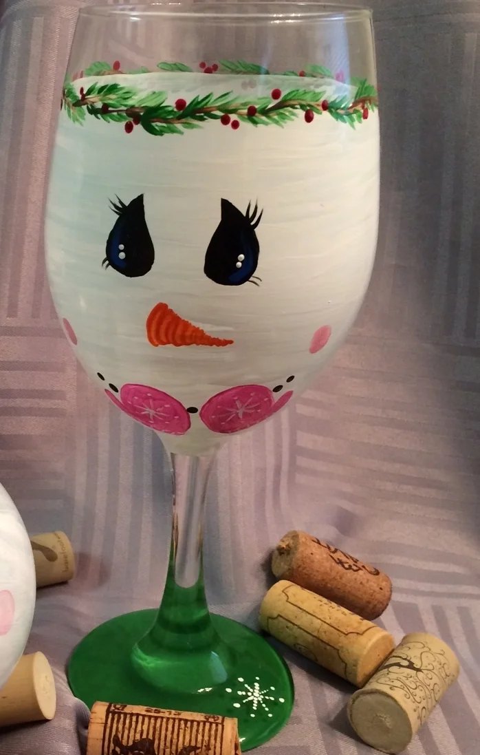 bashful snowman wineglass 