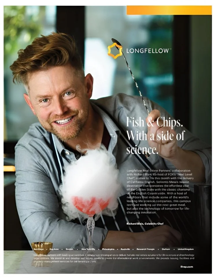 Commercial magazine advertisement featuring celebrity chef Richard Blais with a cocktail in his San Diego restaurant. By Amy Carson, product photographer.
