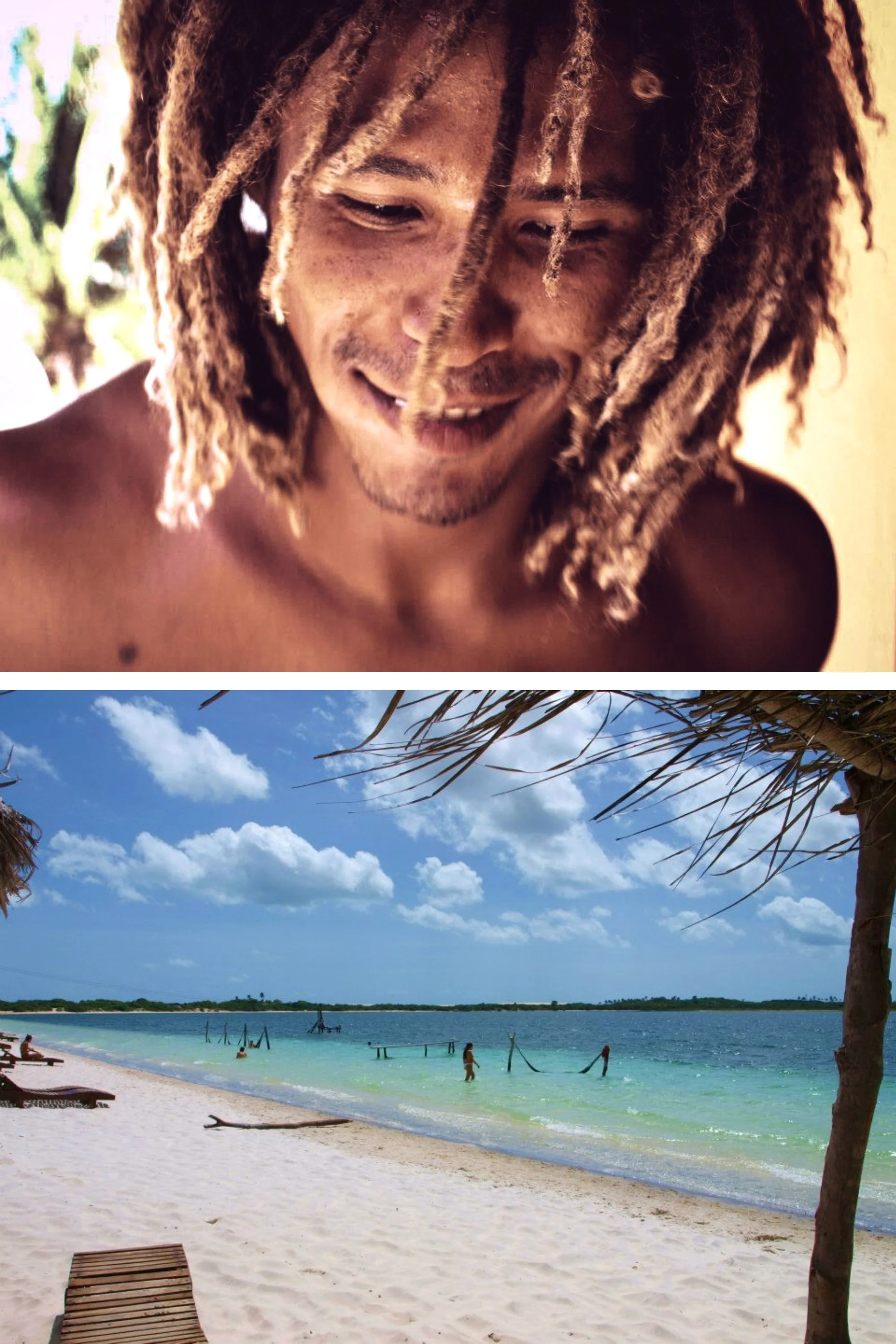  Diptych of a young Afro-Brazilian man with dreadlocks and a beach in Brazil. Shot by food and travel photographer Amy Carson, based in San Diego. 