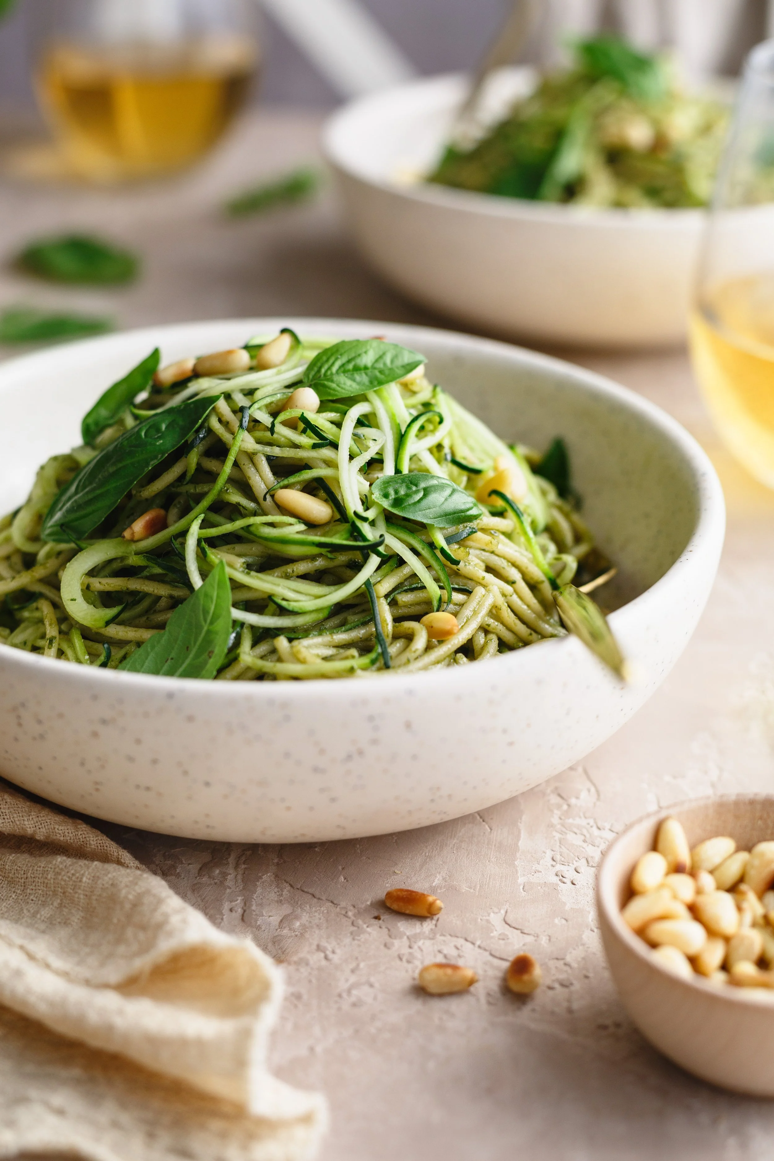 Commercial food photo of pesto spaghetti by Orange County based photographer Amy Carson.