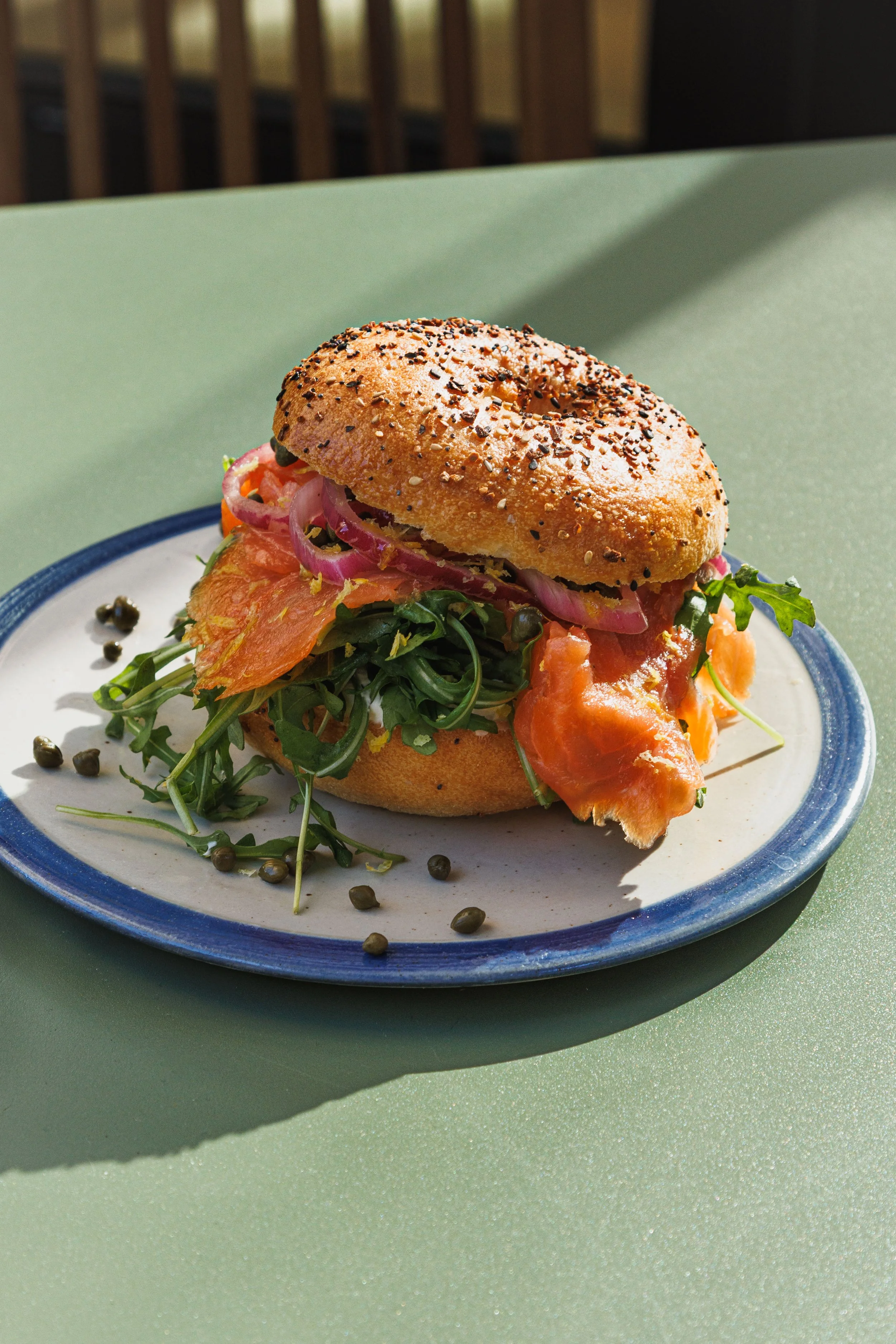 Commercial food photo of everything bagel with lox in San Diego.