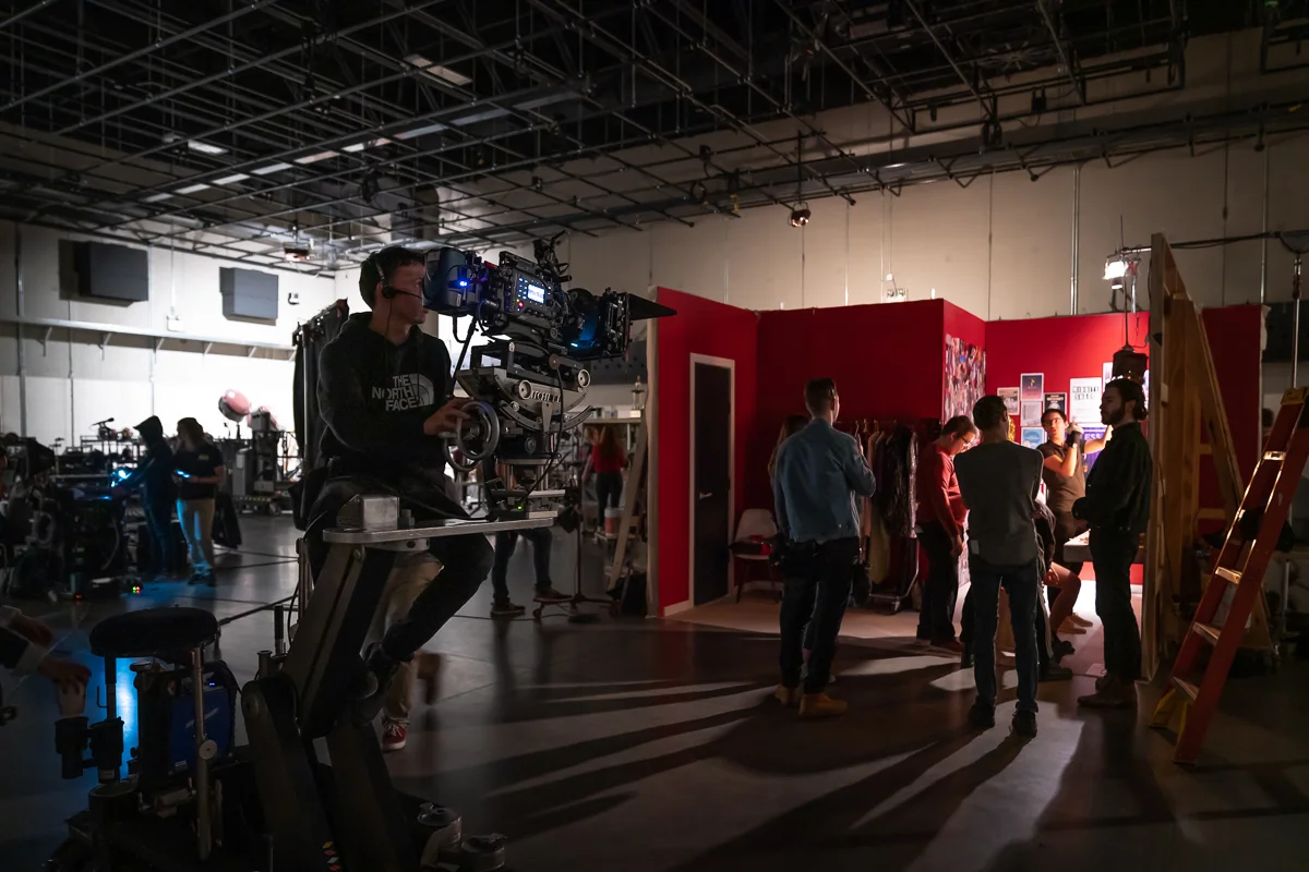 A unit Still Photograph by Chicago Set Photographer Rashad Anabtawi of the Camera crew rehearsing moves in front of the set built