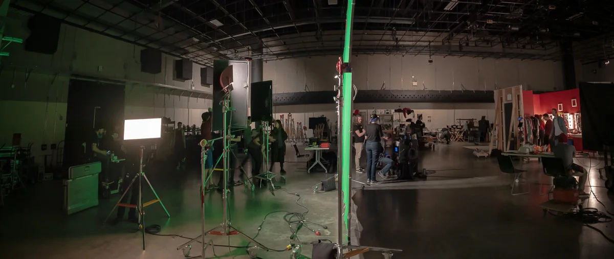 A Panoramic Set Photograph by Chicago Set Photographer Rashad Anabtawi of the Green Screen Setup on the Sound stage