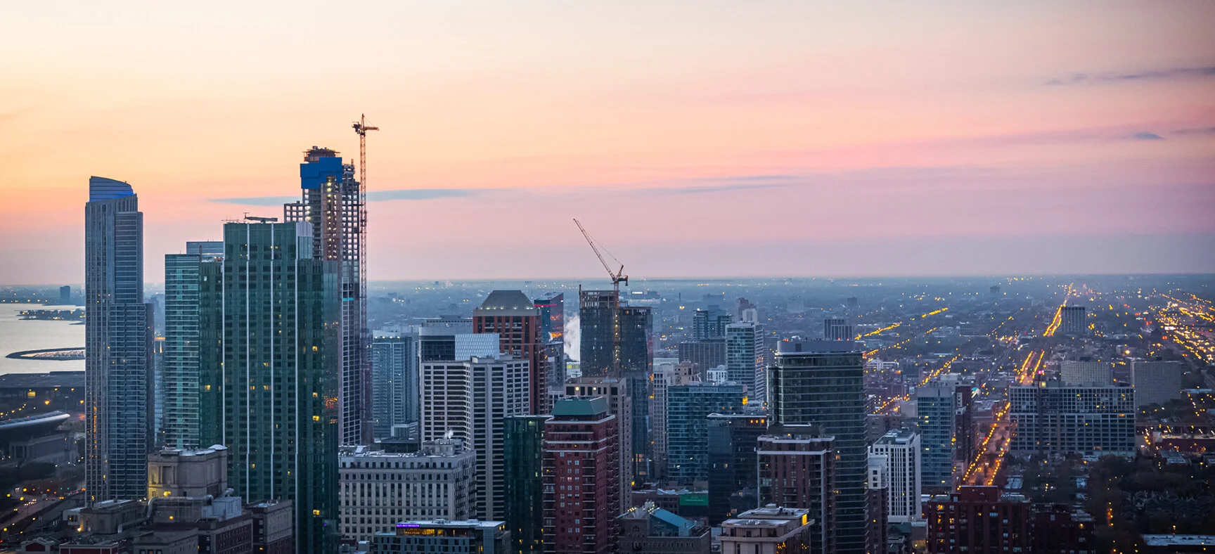 Wide Aerial Photograph of Chicago City Architecture at dawn by Chicago Photographer Rashad Anabtawi