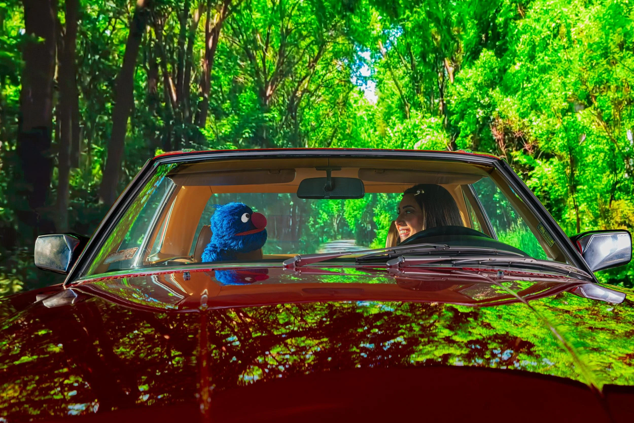 Ahlan Simsim key art: A woman and a blue Muppet sit in a red car on a tree-lined road.