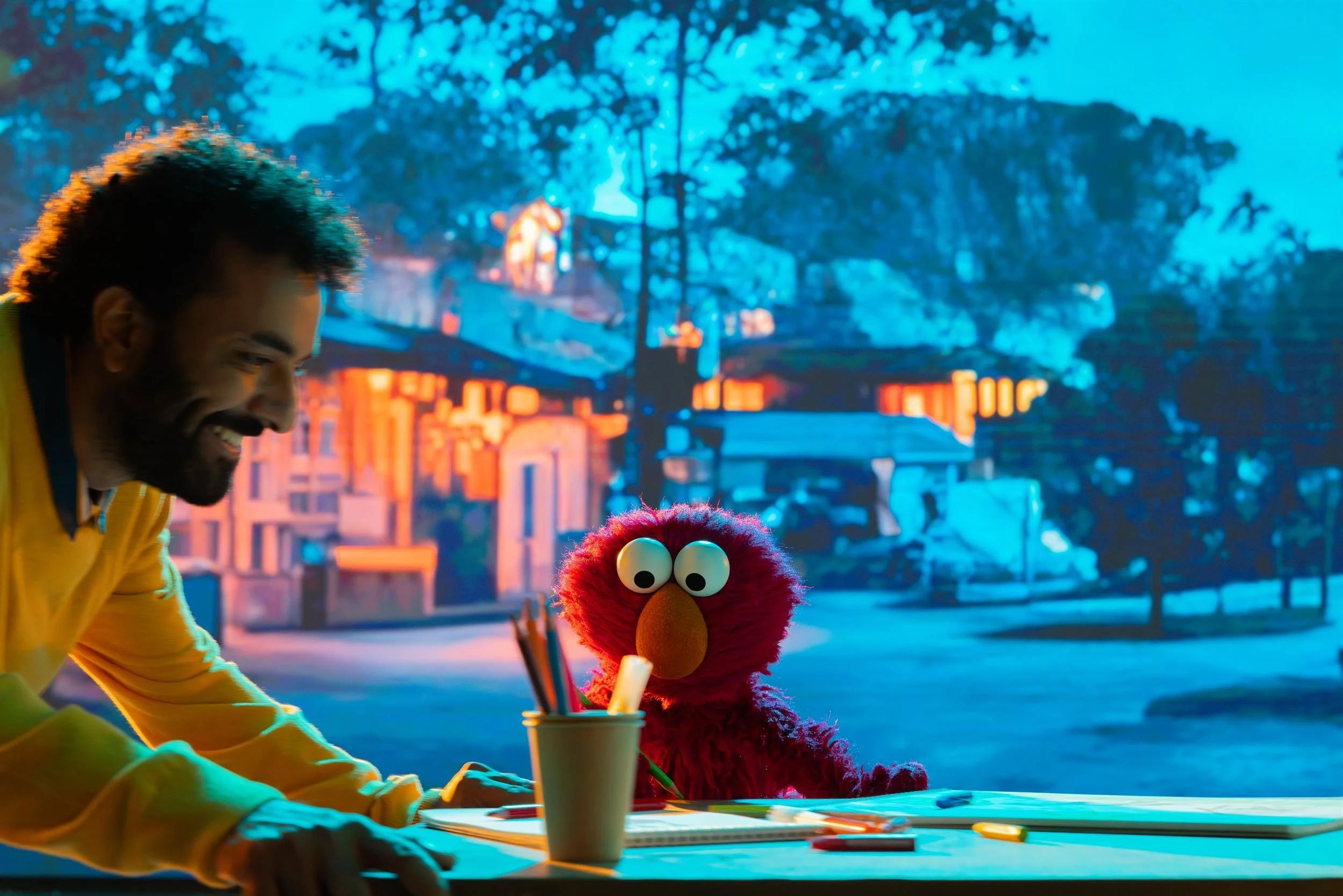 Ahlan Simsim unit still: a man in a yellow sweatshirt smiles down at Elmo at a drawing table.