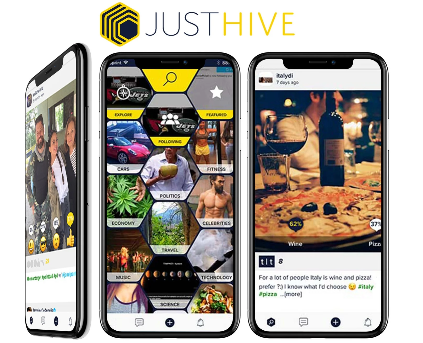 JustHive JustHive is a social networking platform focused on users' feedback and opinions & offers a new way to view and share content. It provides users endless flexibility to personalize and define their social experience, while presenting useful feedback and data to the world. Backend -AWS Cognito for authentication -Node.js RestAPI -Heatmap microservice on python 3 -PostgreSQL -DynamoDB Frontend -React -React-Native -Native Modules and UI (Java, Objective-C, Swift) -FFMPEG for video editing (Shell scripting) -OpenGL 2.0 for photo editing and filtering