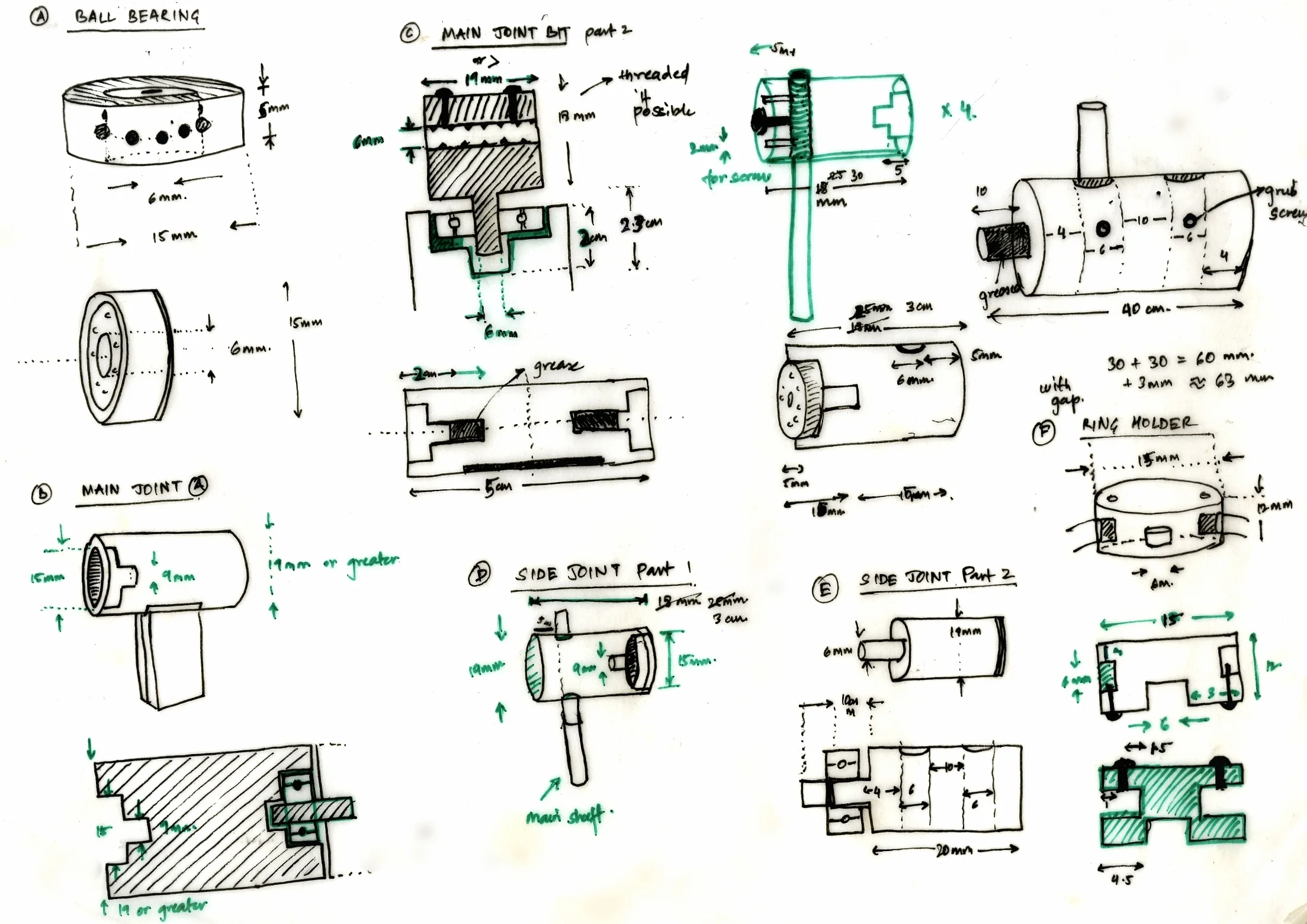 Dimension of joints and subsequent assembly 1 Primary joint/rotator (19mm outer diameter, 5cm long, MS) 4 Secondary joints/rotators (19mm outer diameter, 3cm long, MS)