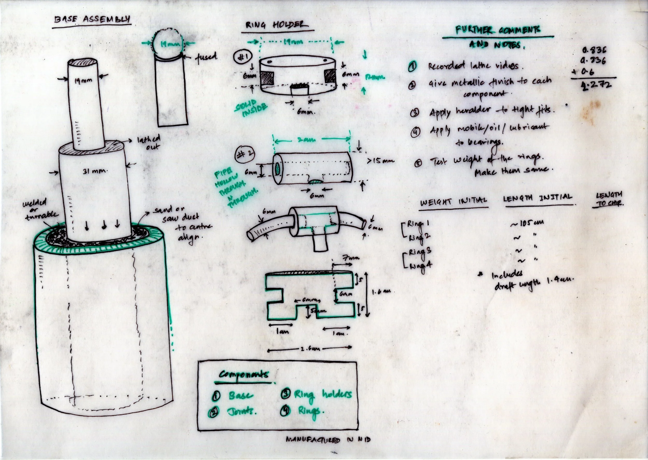Dimensions and possible concepts, weight chart Sculpture base (varying thickness, 19cm - 31cm - 50cm) 4 Ring holder (2.3 cm long, 19 mm diameter, 6mm drills longitudinal, 6mm cross)