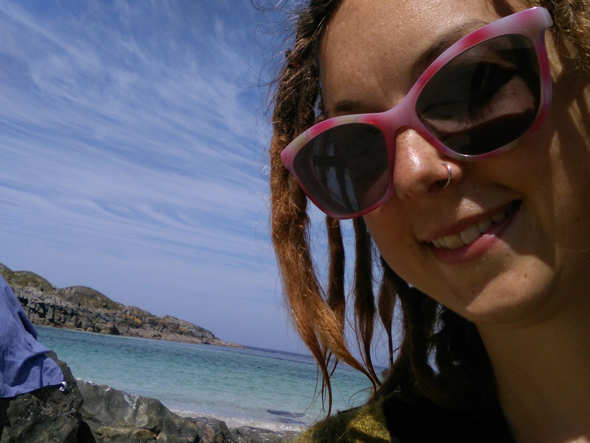 Jenny loving the sun after a swim on Iona!