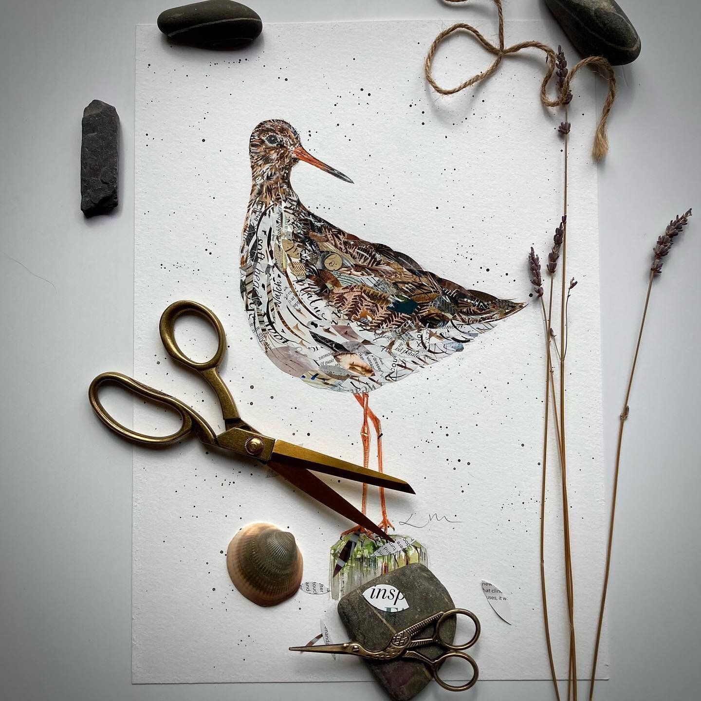 Back to a bit of cutting and sticking 😉 #shedonthefell #waderbirds #redshank #collageart #collagefeathers #birdcollages #britishwildlifeartist #lancashireartists #ribblevalleylife #laurabrownartist