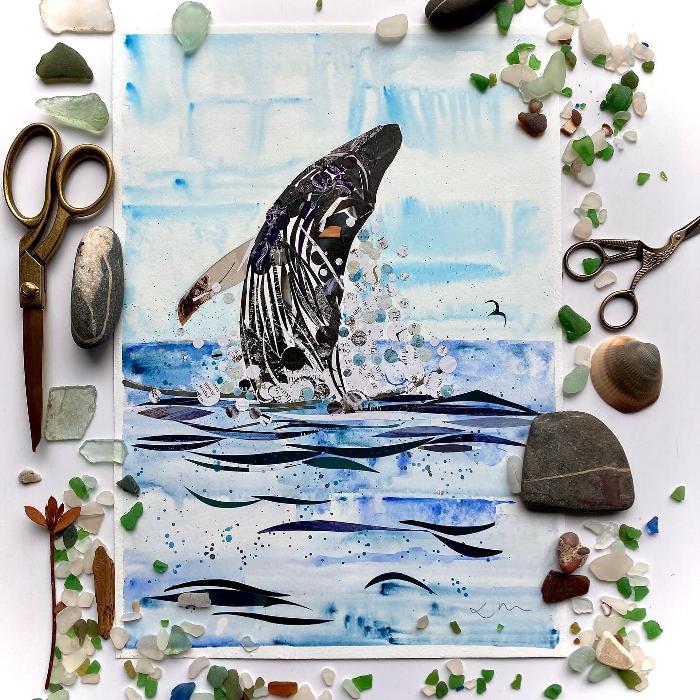 &ldquo;From Briny Depths&rdquo; Collage and watercolour #shedonthefell #whale #collagemaker #collageoftheday #ocean #lancashireartist #ribblevalleylife #laurabrownartist