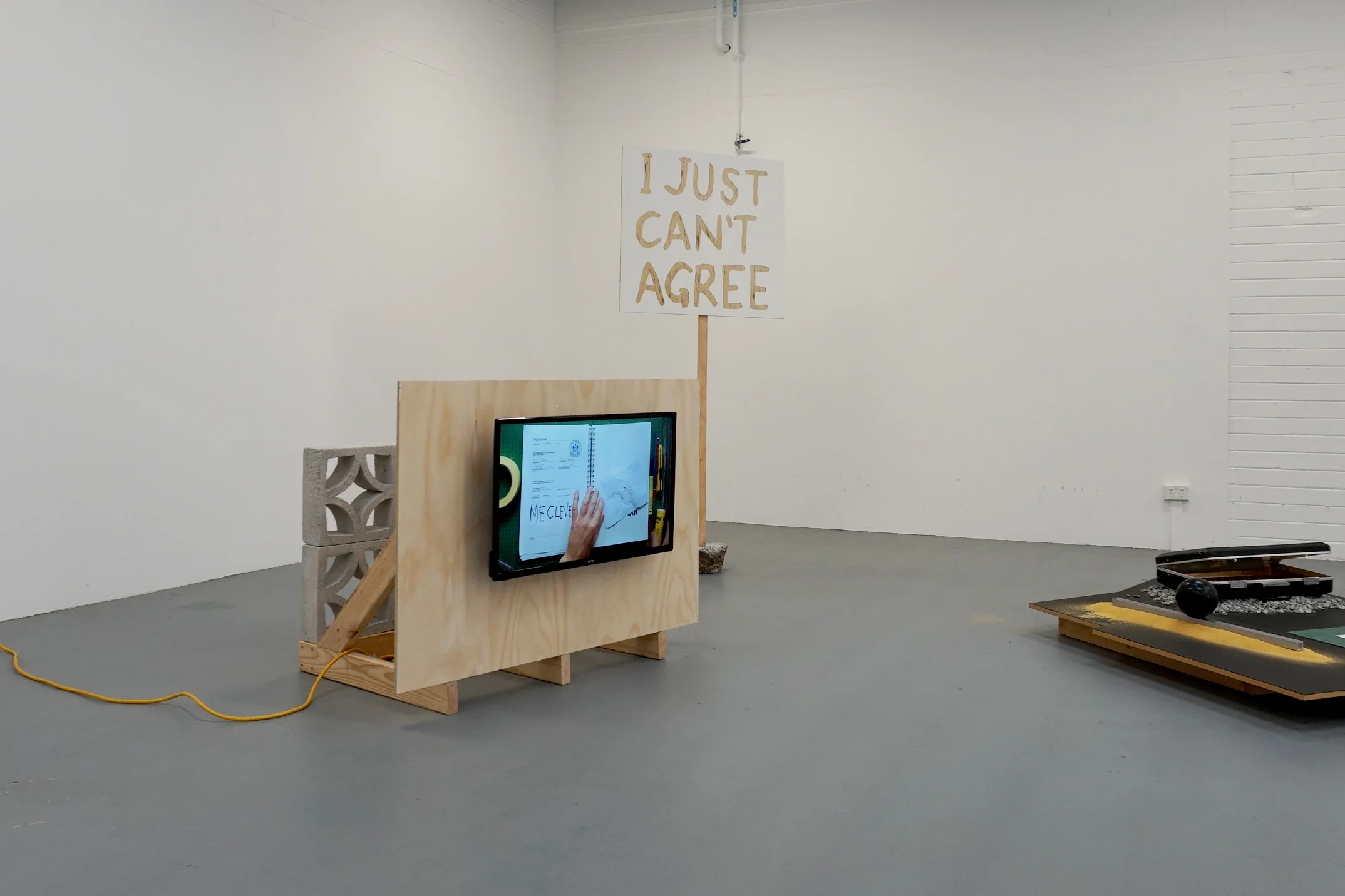 Thoughts Recorded - This Place, These People 2018 Ply, pine, breeze blocks, LCD screen, HD video 16:9 6min 23sec Photo: Mark Parfitt