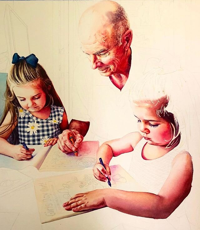 Happy Father&rsquo;s Day! I thought today would be the right time to show my painting&rsquo;s progress, which now includes my dad. As you can see, he&rsquo;s coloring with the girls. Dad has taken on a major role in their upbringing, including school