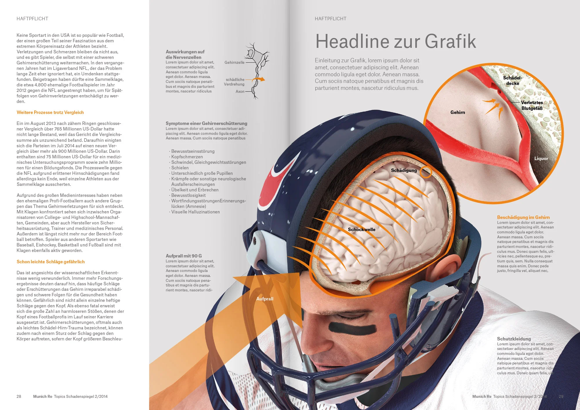 Doppelseiten-Feature zum Thema "Concussion im Sport" für das Topics-Magazin von MunichRe (3D/2D, Konzept &amp; Art-Direction. Zusätzliches 3D: Damian Bishop)