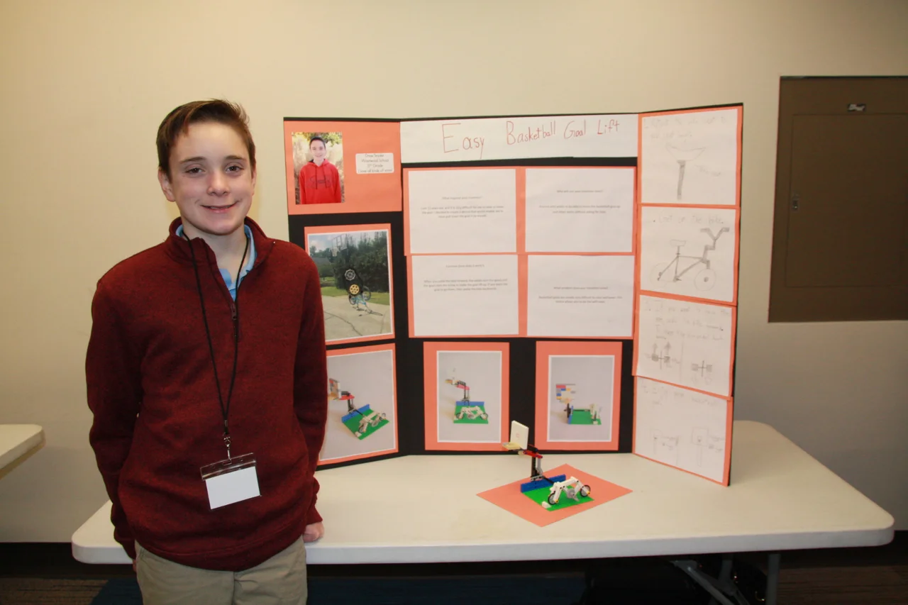 2017 Invention Challenge Winner Drew Snyder with his Easy Basketball Goal Lift invention.