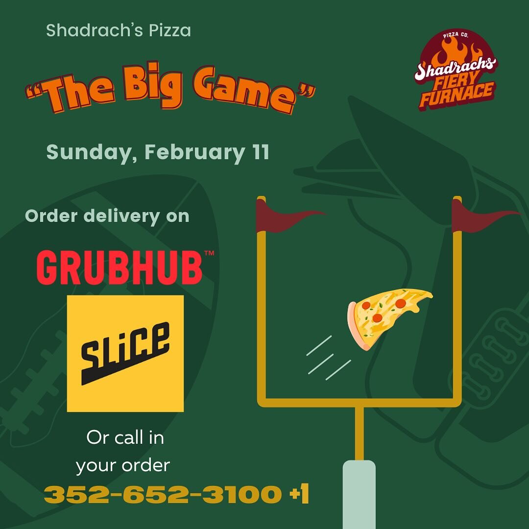 We may not have 📺 but we have pizza 🍕

Cater with Shadrach&rsquo;s to ensure your game day party is a touchdown 🏈

🏃🏼&zwj;♂️Order through the Slice app for local delivery within a 1/2 mile or in-store pickup 

🚗 Order through the Grubhub app fo