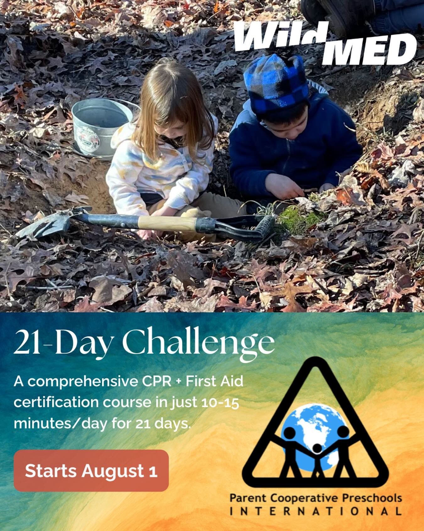 PCPI so excited to partner with Wild Med to bring you the 21-Day Challenge - A certification CPR + First Aid Course in just 10-15 minutes/day for 21 days.
All proceeds benefit Parent Cooperative Preschools International! Link in our profile to sign u