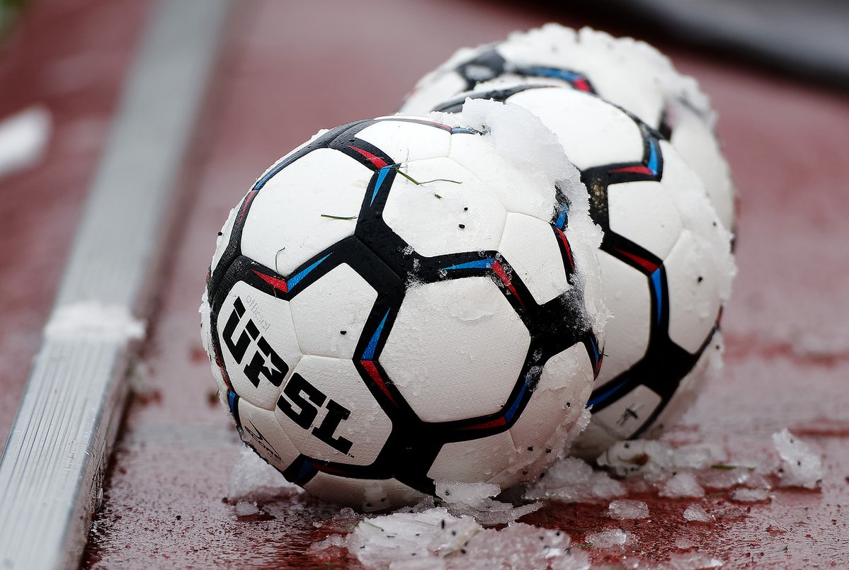 Snow-covered match balls just before kickoff. Changes to the UPSL schedule forced teams into an early start this year, which opens the door for weather-related issues early in the season. PC: Stephen Packer