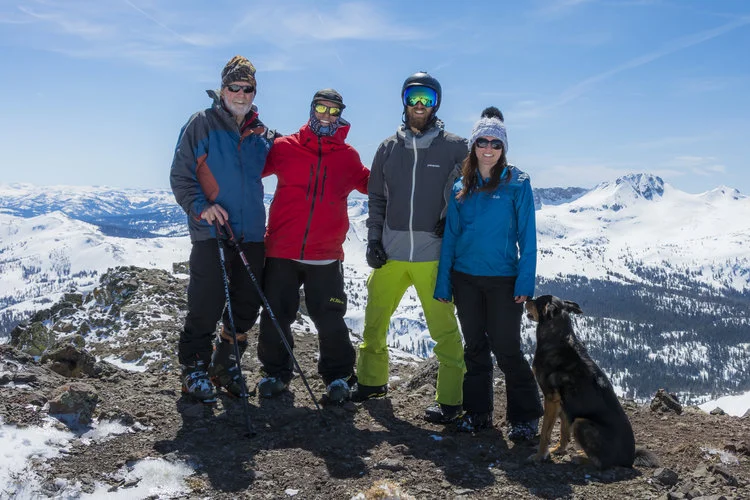 Atop Red Lake Peak (10,069') just south of Lake Tahoe, April 1, 2017: the author, Tom Civitano, Patrick English, Cara Del Vecchio, and Diego the Adventure Dog.