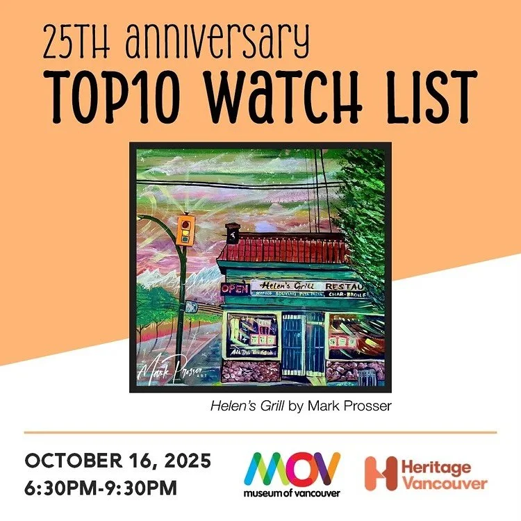 Celebrate (@heritage_vancouver) Heritage Vancouver Society&rsquo;s Top10 Watch List as it marks its 25th anniversary on October 16 at the MOV!

For a quarter-century, this annual list has highlighted places and important topics around social history,
