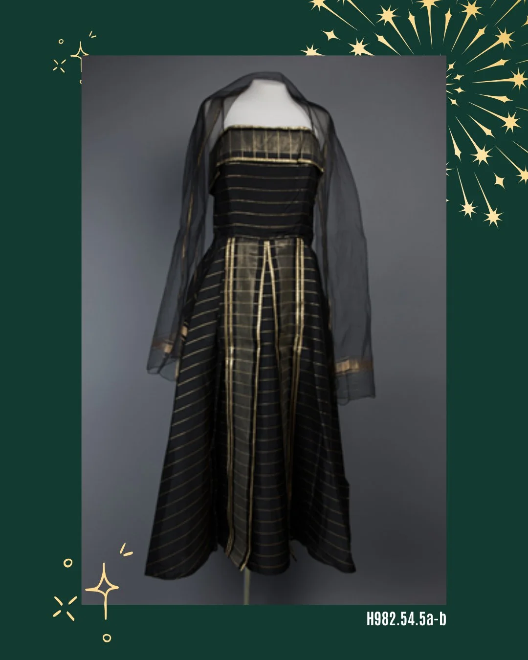 Which party dress would you wear tonight? Swipe left to see all the dresses!⁠
⁠
Would you wear this beautiful gold-threaded dress made by Sheila Ruth in the 1950s? (1️⃣ H982.54.5a-b) or this stunning 1950s gold cocktail dress? (2️⃣ H977.65.1a-b)⁠
⁠
W