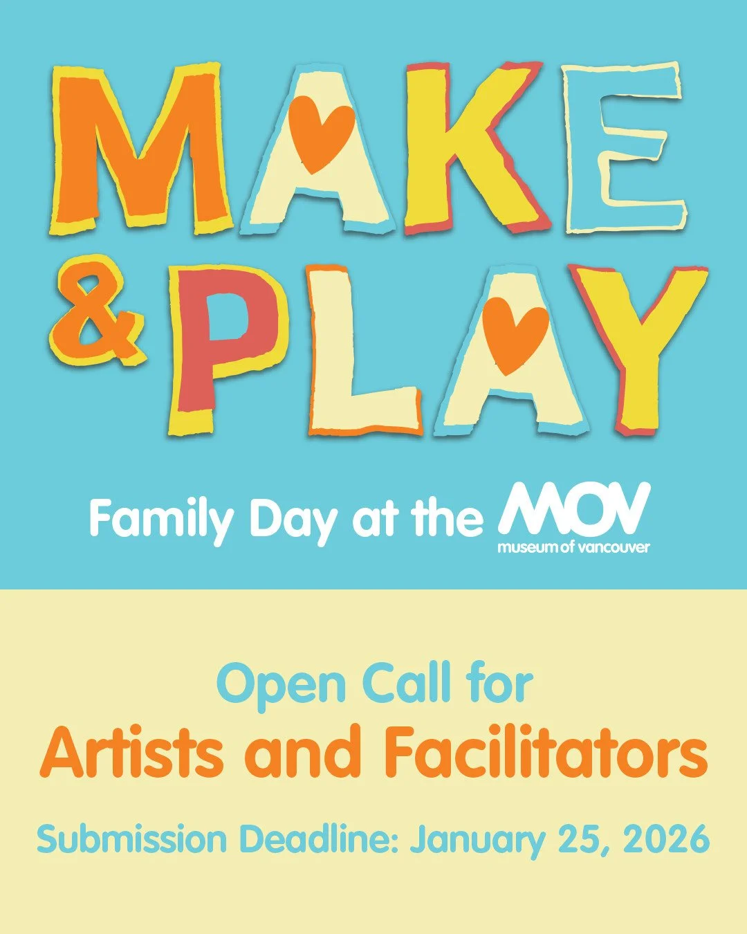 We are seeking artists and facilitators for Family Day at the Museum of Vancouver, to host booths with hands-on activities suitable for all ages, from kids to adults. Visitors will drop in throughout the day in our lobby. Artists may offer items for 