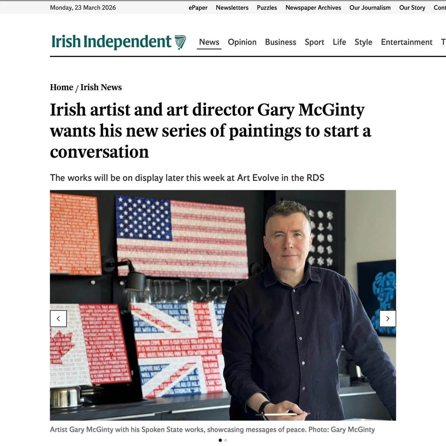 Delighted to featured in the Indo today (link in bio) about my #Spokenstate series of paintings on show @artevolve.ie on Friday-Sun this week at the RDS. Thanks to family and friends who have helped a long the way, especially my in house photographer