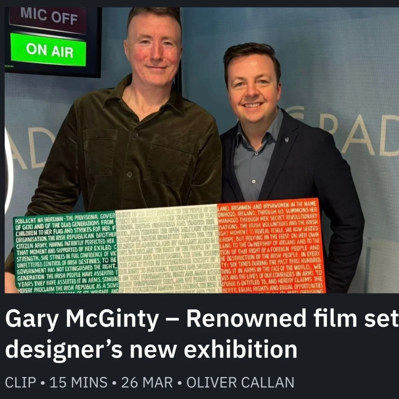 Had a good chat with Oliver Callan on @olivercallanshow on @rteone. (link in bio) Talking about my art career, spokestate.com , my life in the film business, #achill, the Irish Proclamation #JFK #nelsonmandela #winstonchurchill  @markjcarney - workin