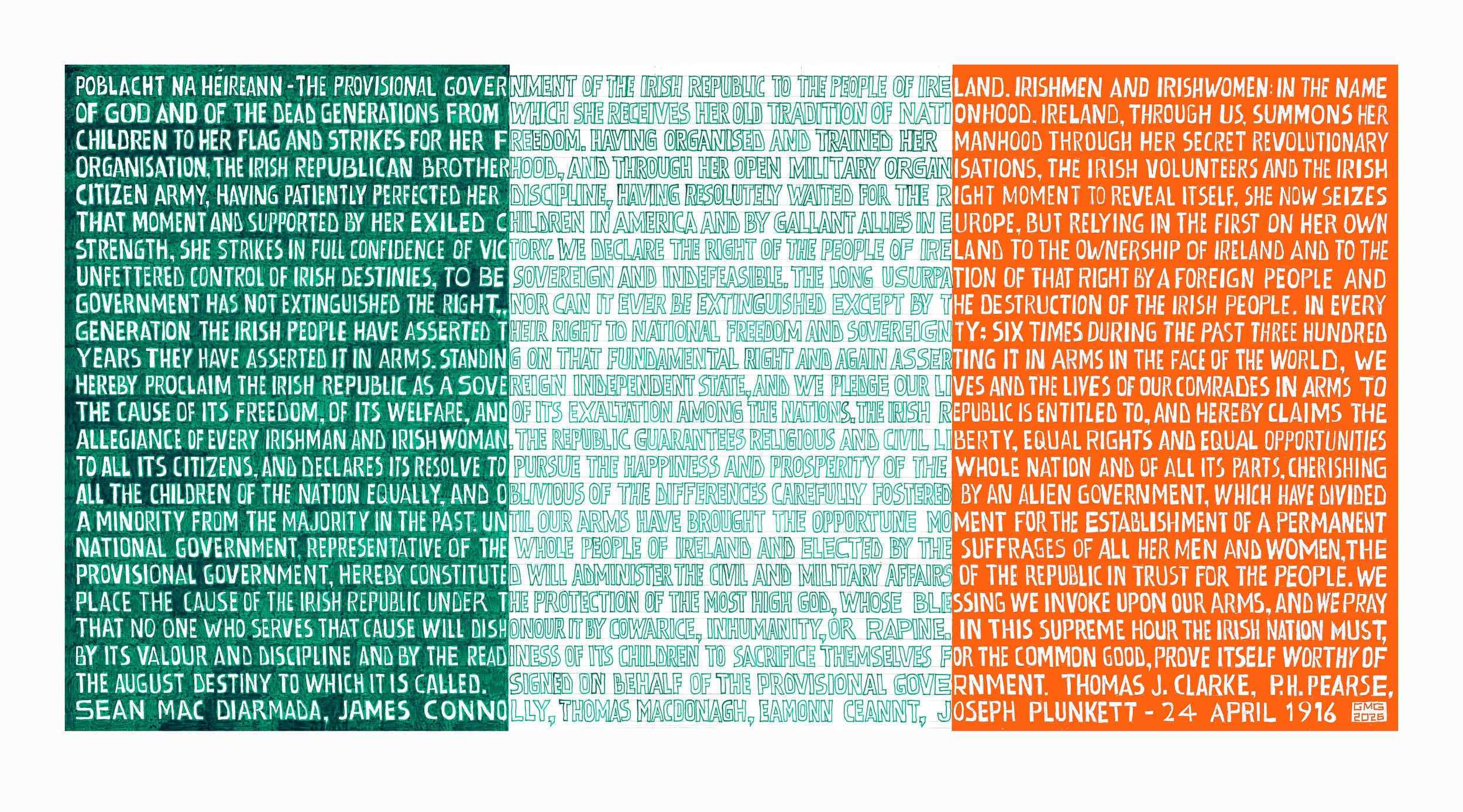 IRELAND — 1916 Proclamation  •  Pádraig Pearse (GPO Dublin, 1916)  •  Macro: Tricolour  |  Micro: Verbatim Charter  •  Acrylic & graphite on 915mm Dibond panel