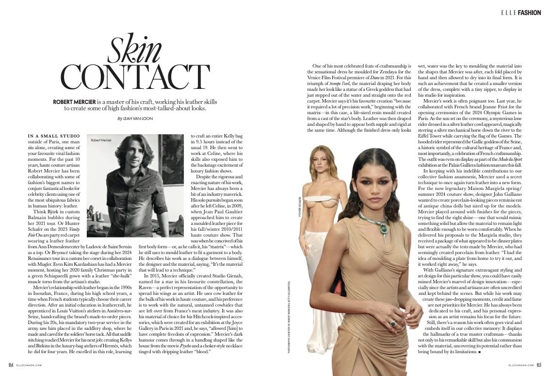 Magazine article from Elle Canada by Leah Van Loon featuring the work of leather craftsman Robert Mercier Paris artisan