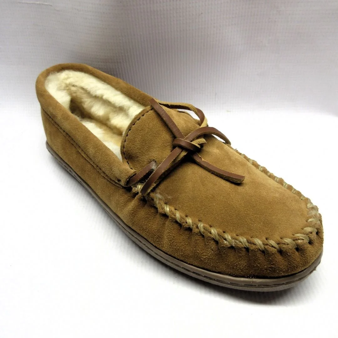 Minnetonka Slippers Women Hard Sole Sheepskin in Tan.JPG