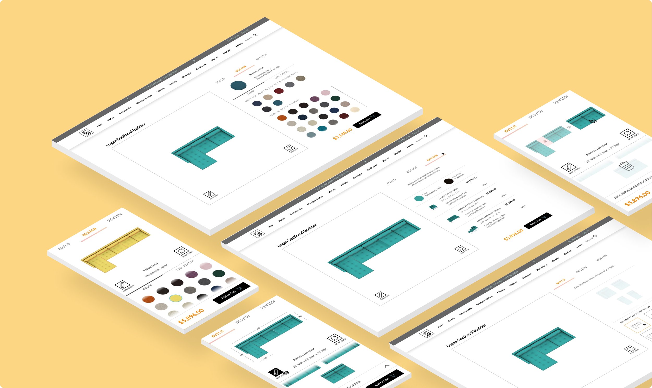 A series of 3D isometric desktop and mobile mockups of the Apt2B sectional builder experience