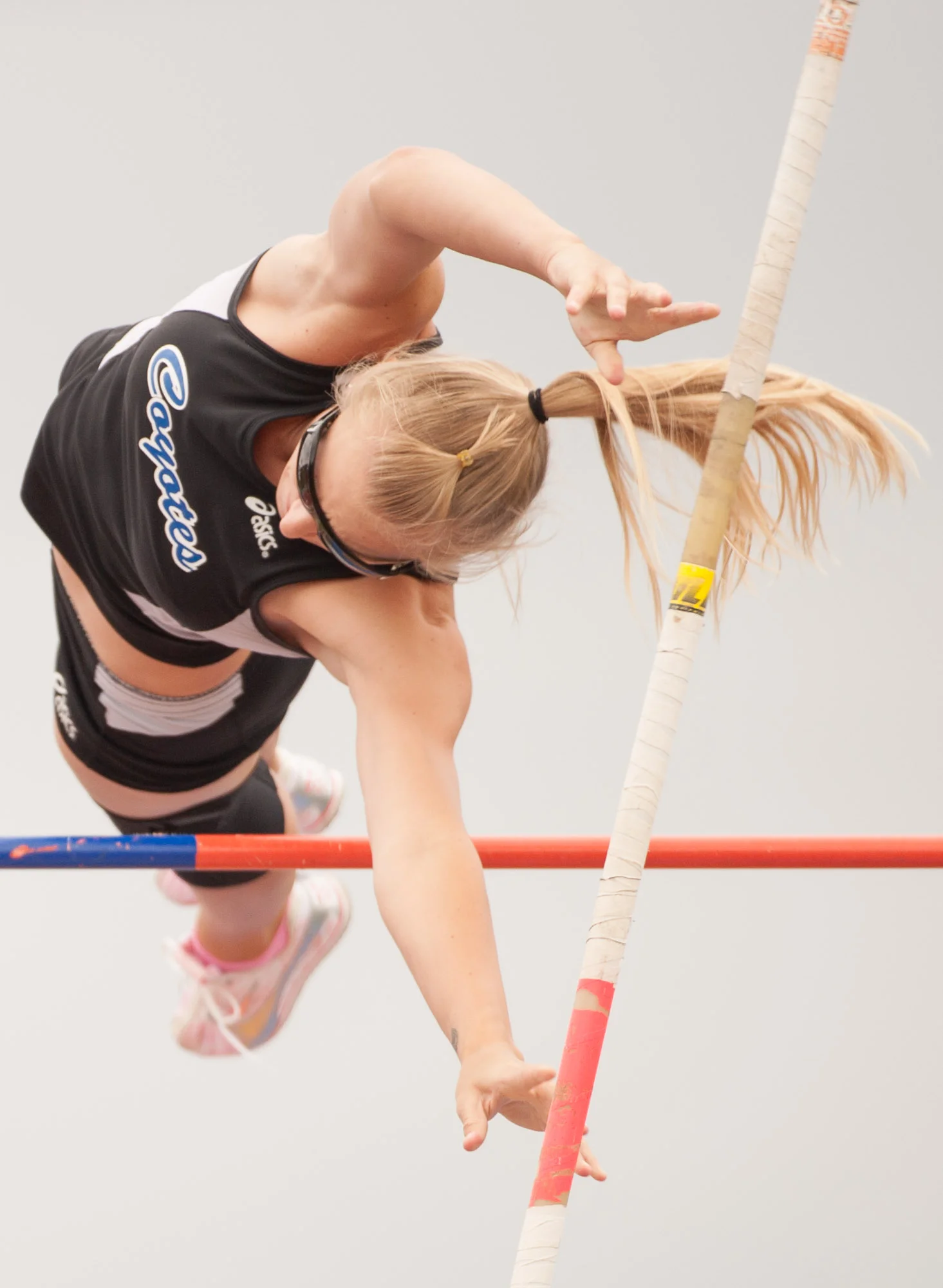 A Cal State San Bernardino Coyotes member clears the pole during an attempt in the Women's Pole Vault event at the Coast Classic Track and Field Invitational at Orange Coast College in Costa Mesa, Calif. on Apr. 10, 2009.