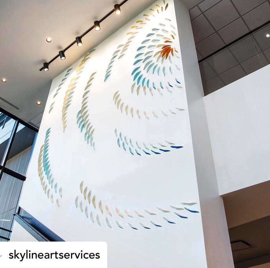 Ceramic Pods flowing out in waves of pattern, filling a large, light-filled space with movement and color.  Thank you @skylineartservices for this lovely opportunity! 

From small single vessels, to kitchen backsplashes, to large scale public art, we