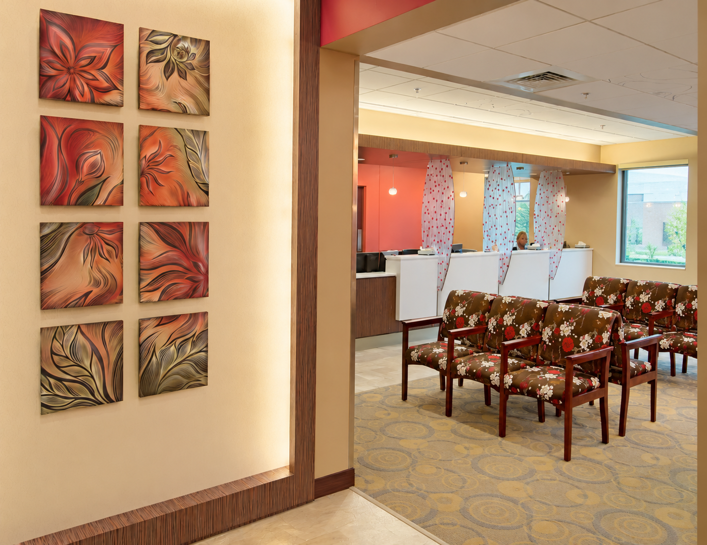 Modern Clinic Lobby with Floral Art and Reception.png