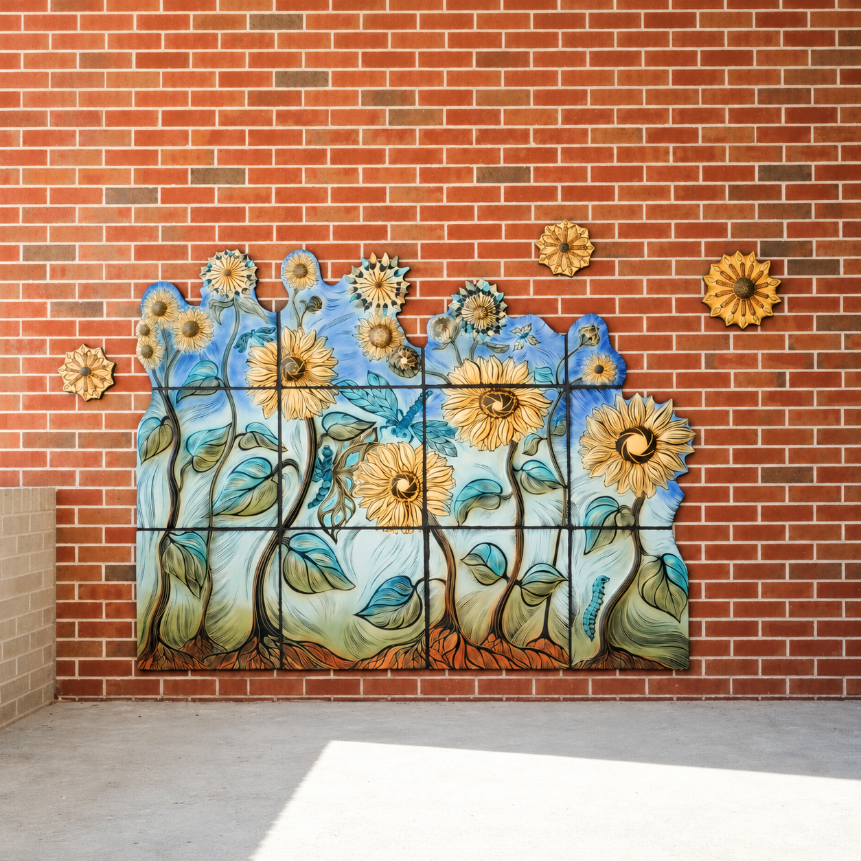 Sunflower Mural with Three Ceramic Medallions.png