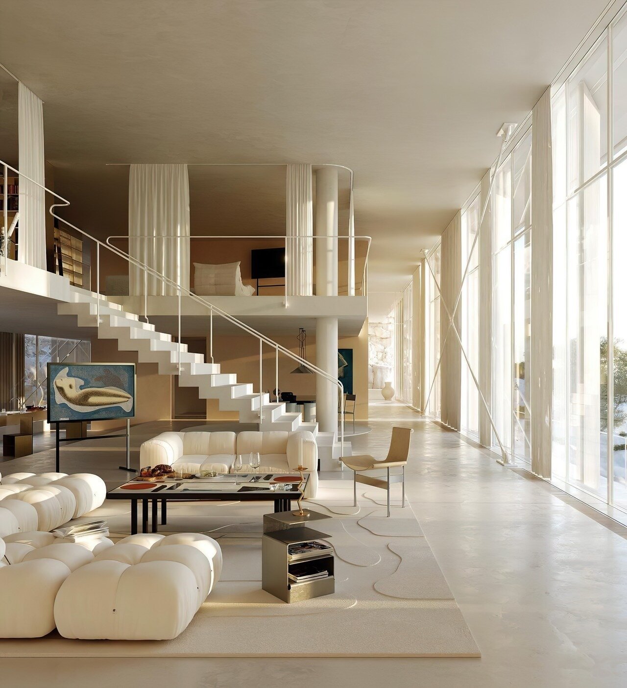This inspirational, elegant lounge imagined by hyper-realistic rendering experts Charlotte Taylor (of Maison de Sable) and Nicholas Pr&eacute;aud (of Ni.acki). This spacious residence, meanwhile, is the Villa del Soffio, an Italian, modernist seafron