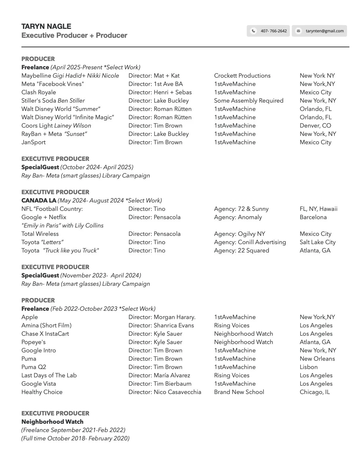 A resume page with contact information and work experience of Taryn Nagle, including roles as a producer and executive producer on various projects, with contact details at the top.