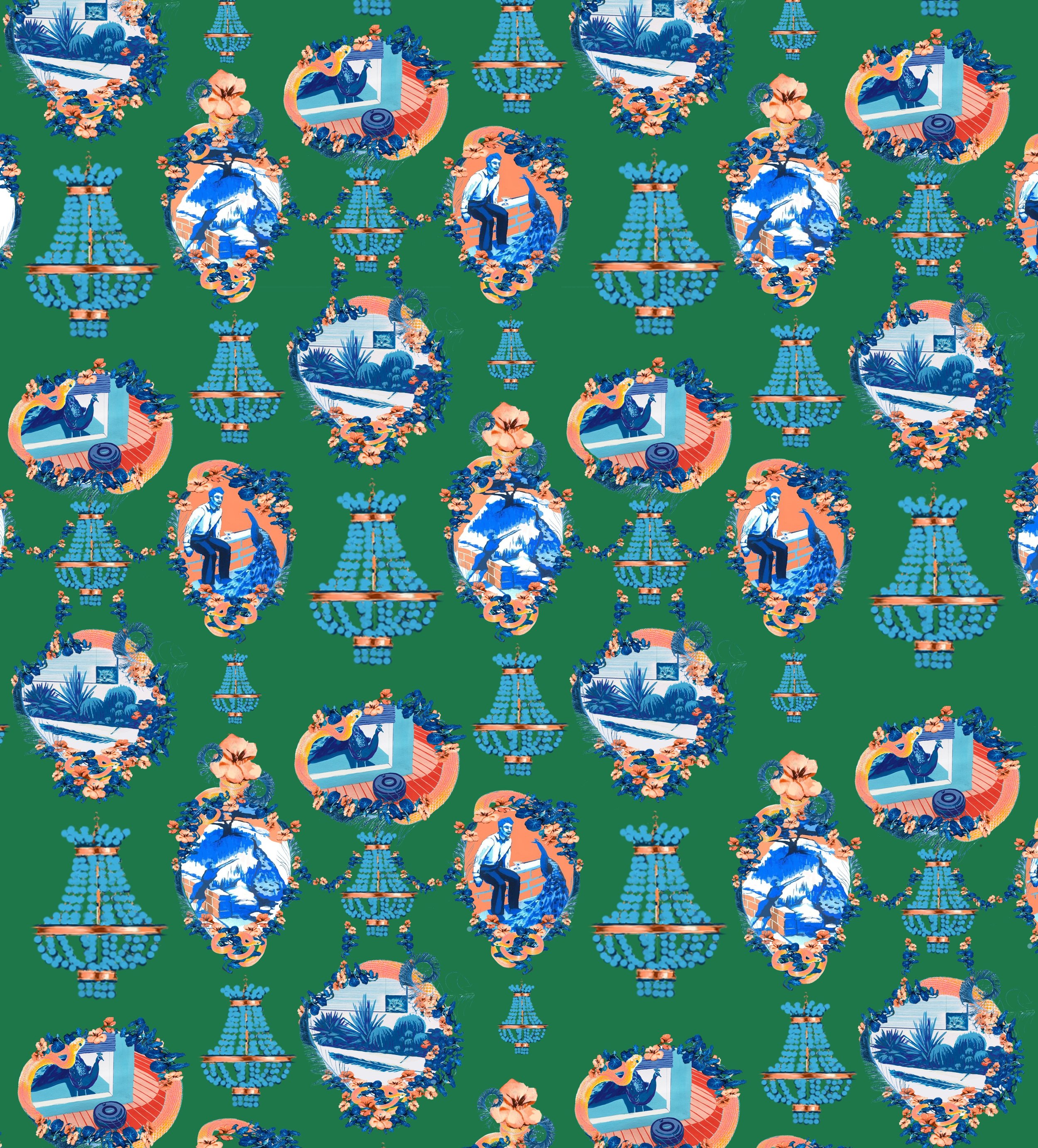 Peacocks of Vista Repeating Pattern Toile