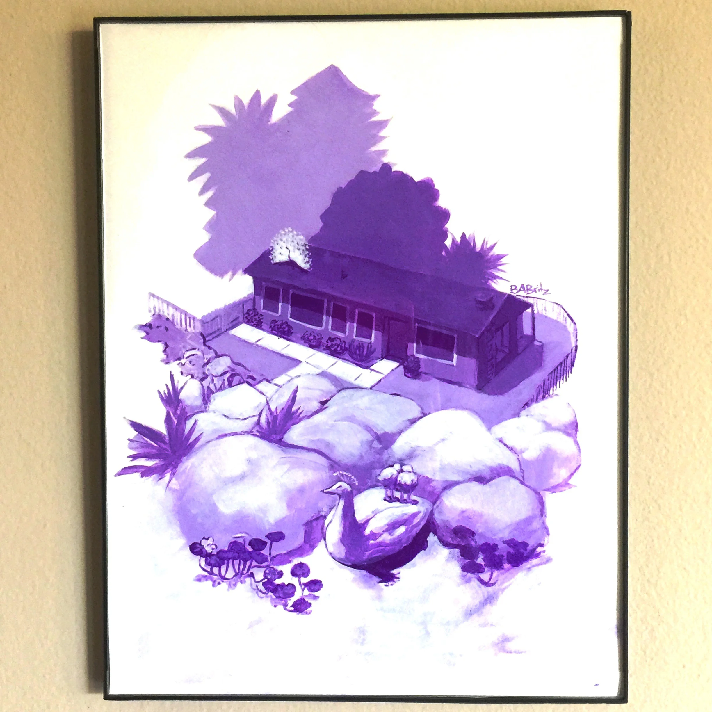 Purple and lavender framed gouache painting shows a peahen nesting in a rockpile