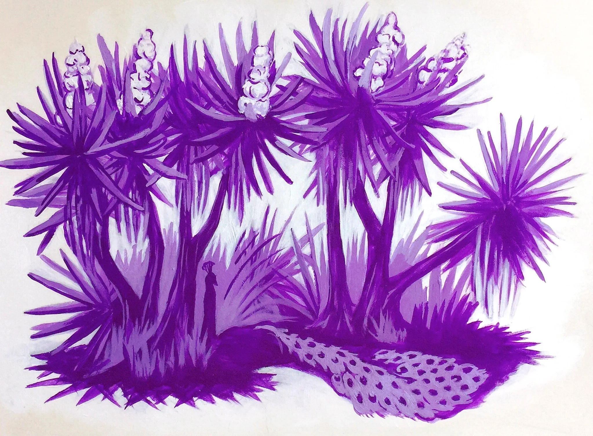 Purple and lavender framed gouache painting shows a peacock resting in the shade of yucca trees
