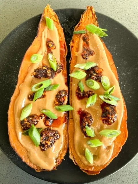Sweet Potato with Peanut Butter, Chili Crisp and Scallion