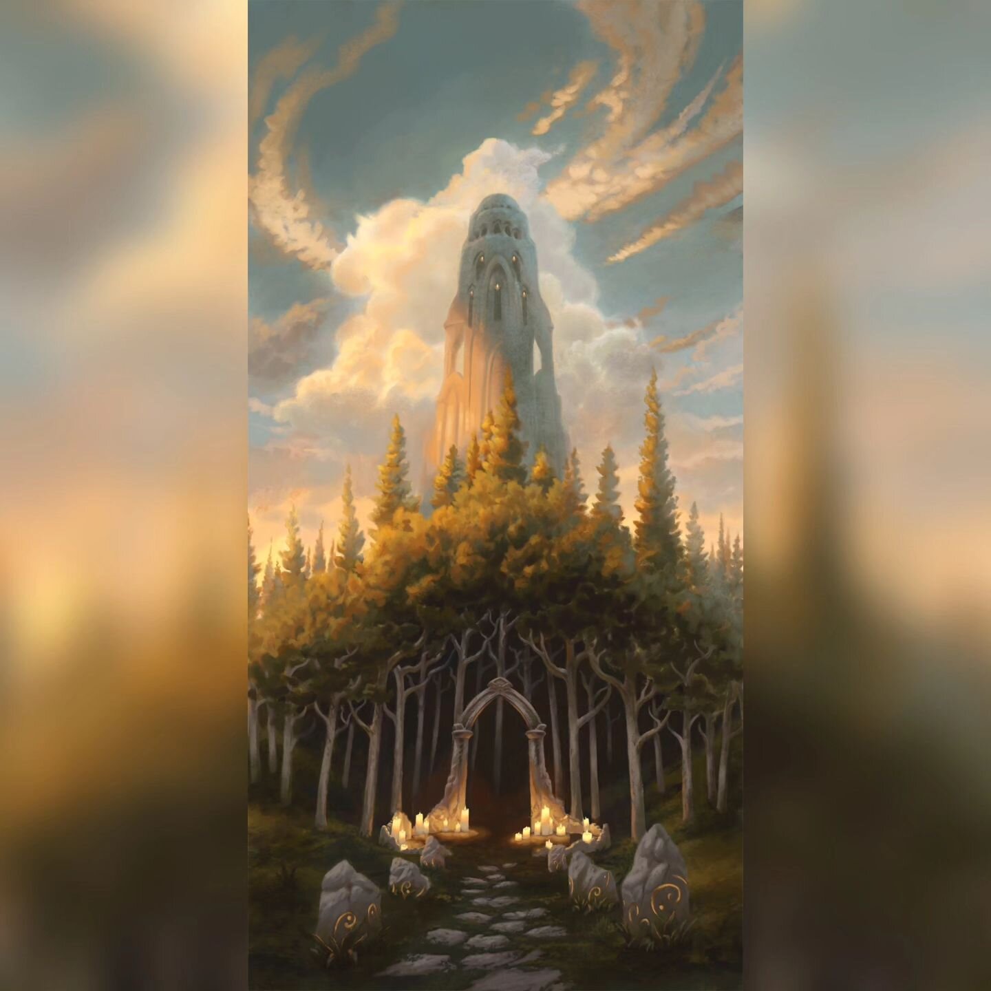 The Fey Door
Digital
2024

I considered two different definitions of the word fey: otherworldliness, and fated to die. The faerie stones glow along the path; candles placed by human hands illuminate the entrance; but the forest looms dark and dreadfu